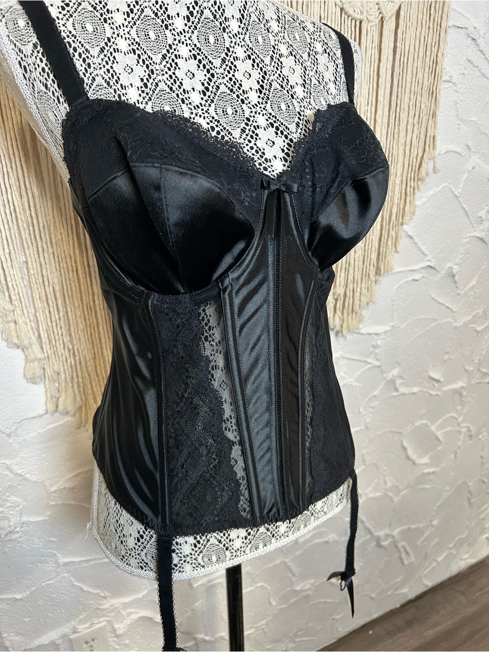 Vintage-Inspired Black Satin Lace Corset Top with Garter Straps Elomi Sz 34F - Picture 2 of 15
